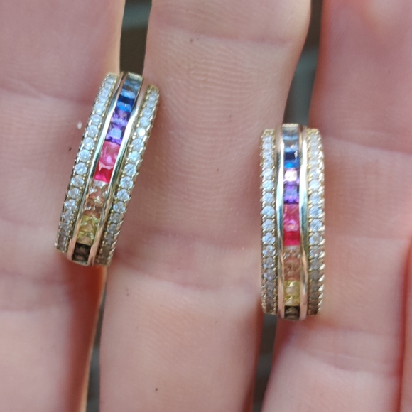 🌈 Vintage 90s Vermeil Sterling Rainbow Gemstone Hoop Earrings - Picture 7 of 8